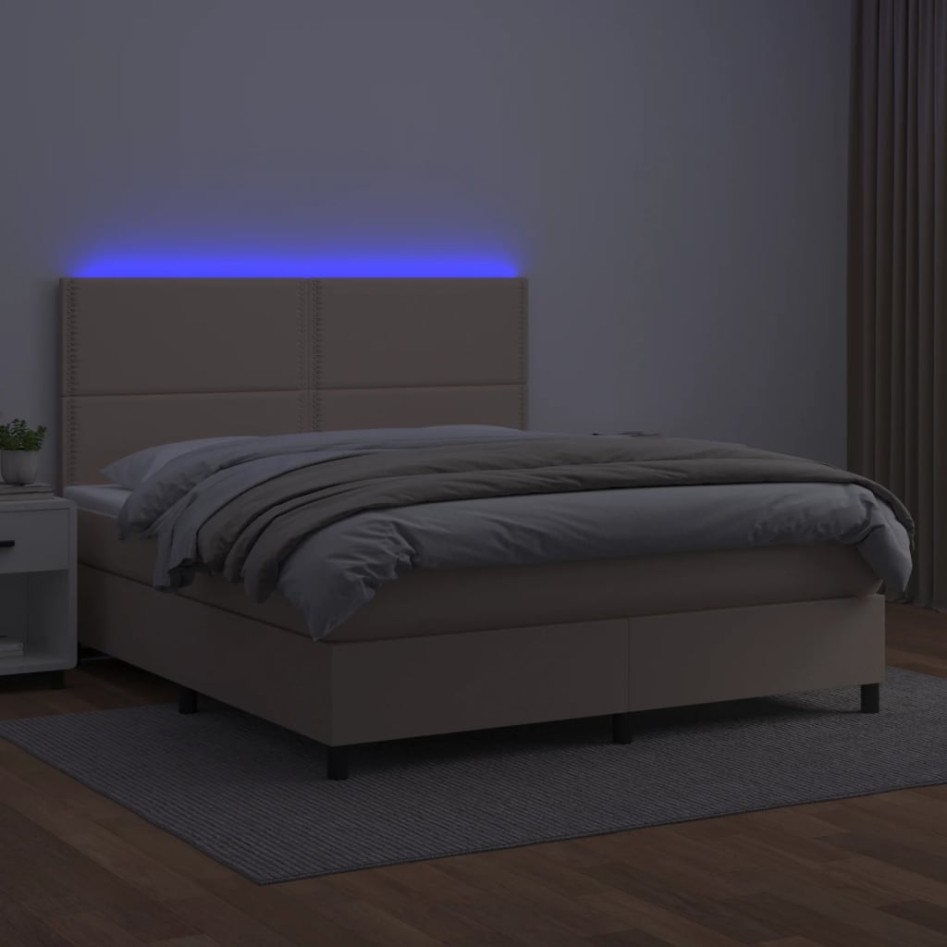 Cama box spring colchón LED cuero sintético capuchino