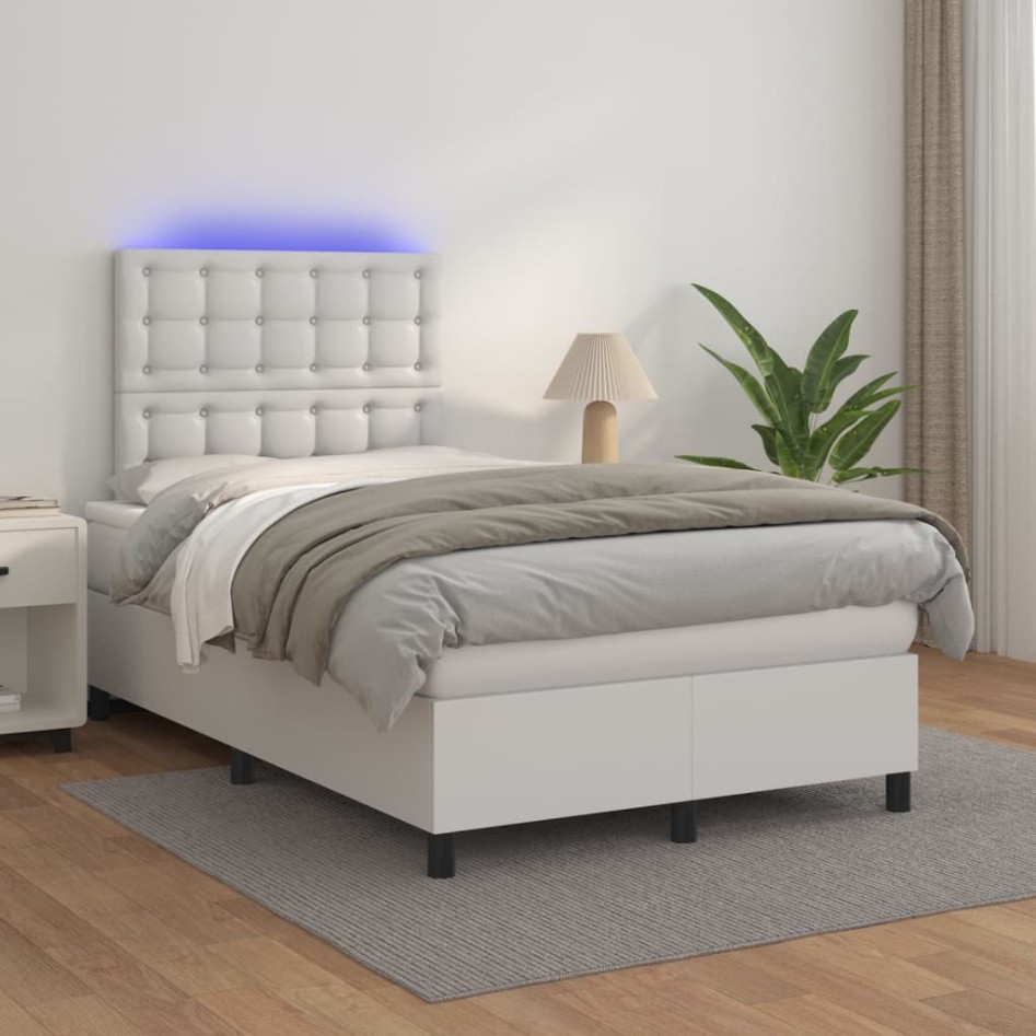 Cama box spring colchón y LED cuero sintético blanco 120x200