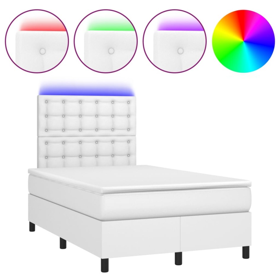 Cama box spring colchón y LED cuero sintético blanco 120x200