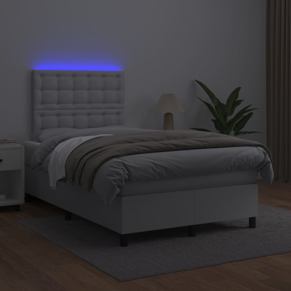 Cama box spring colchón y LED cuero sintético blanco 120x200