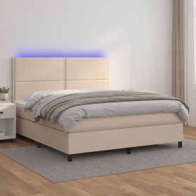 Cama box spring colchón LED cuero sintético capuchino