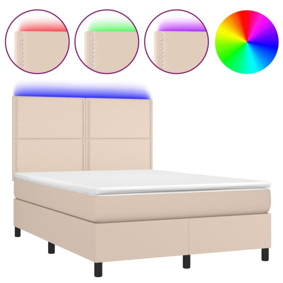 Cama box spring colchón LED cuero sintético capuchino