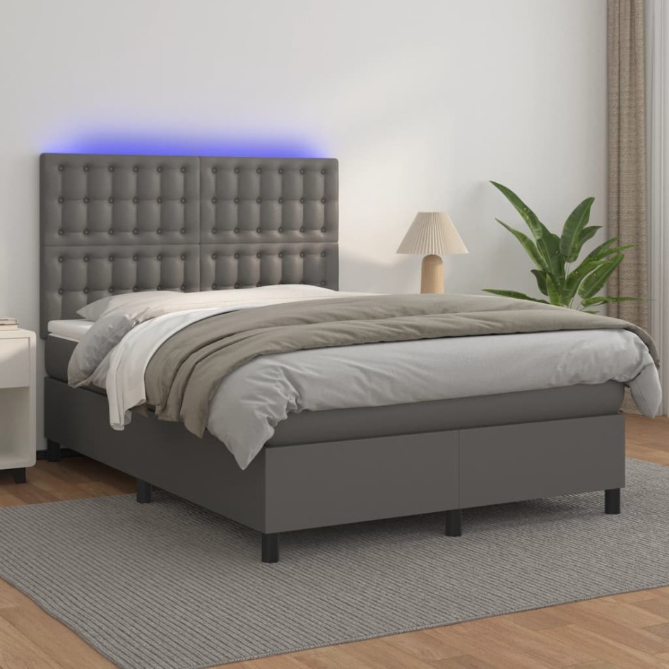 Cama box spring colchón y LED cuero sintético gris 140x190