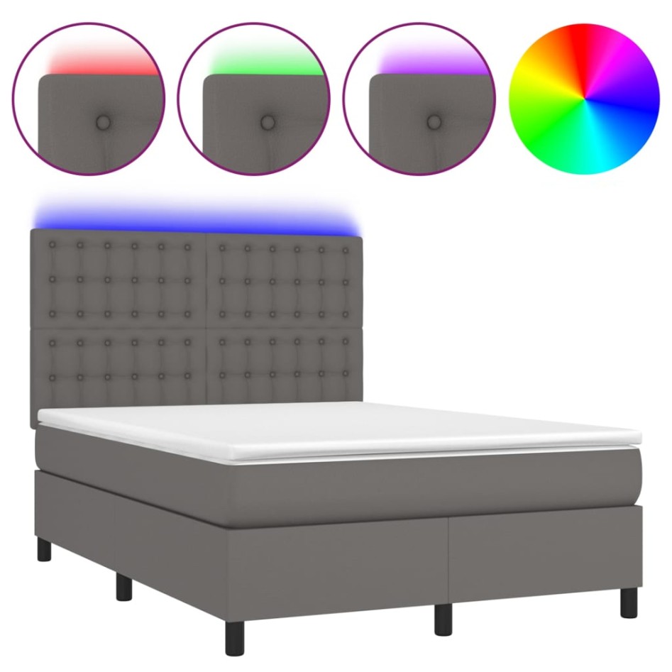 Cama box spring colchón y LED cuero sintético gris 140x190