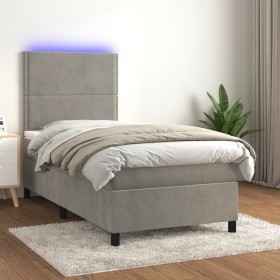 Cama box spring colchón y LED terciopelo gris claro 100x200
