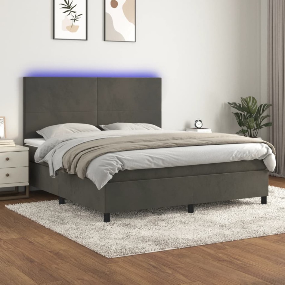 Cama box spring colchón y LED terciopelo gris oscuro 180x200