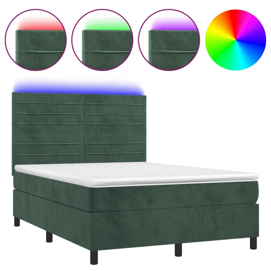 Cama box spring colchón y LED terciopelo verde oscuro