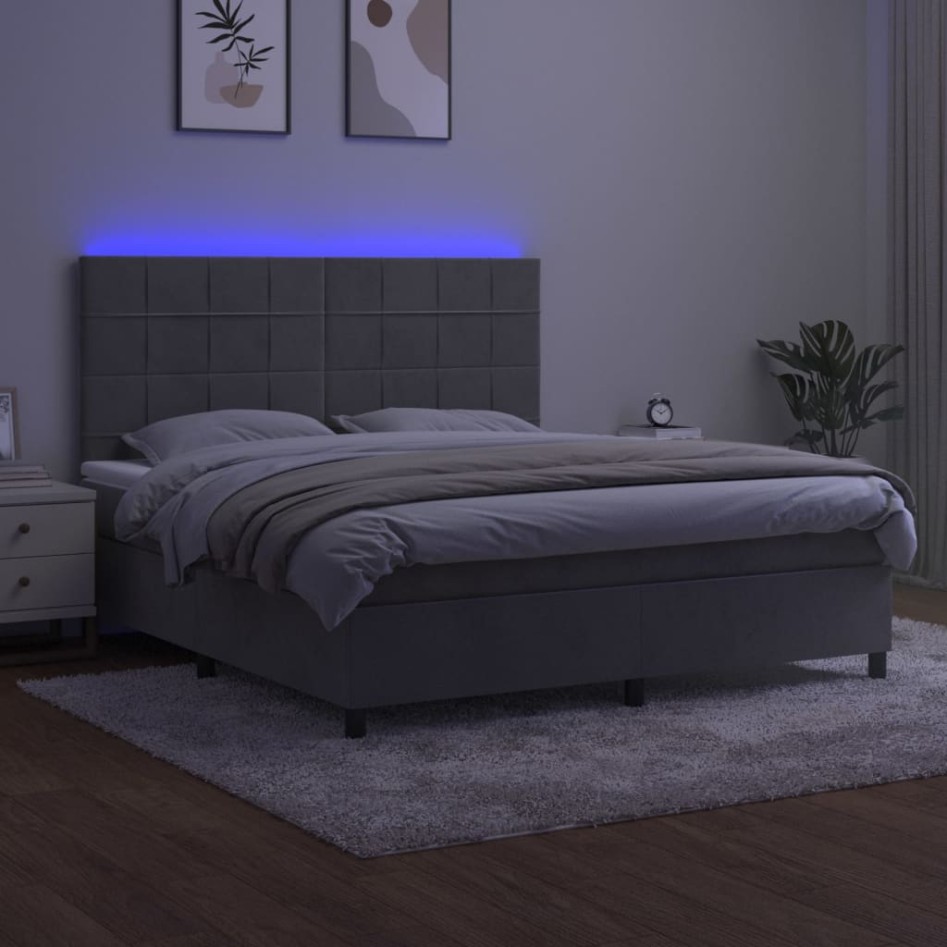 Cama box spring colchón y LED terciopelo gris claro 180x200