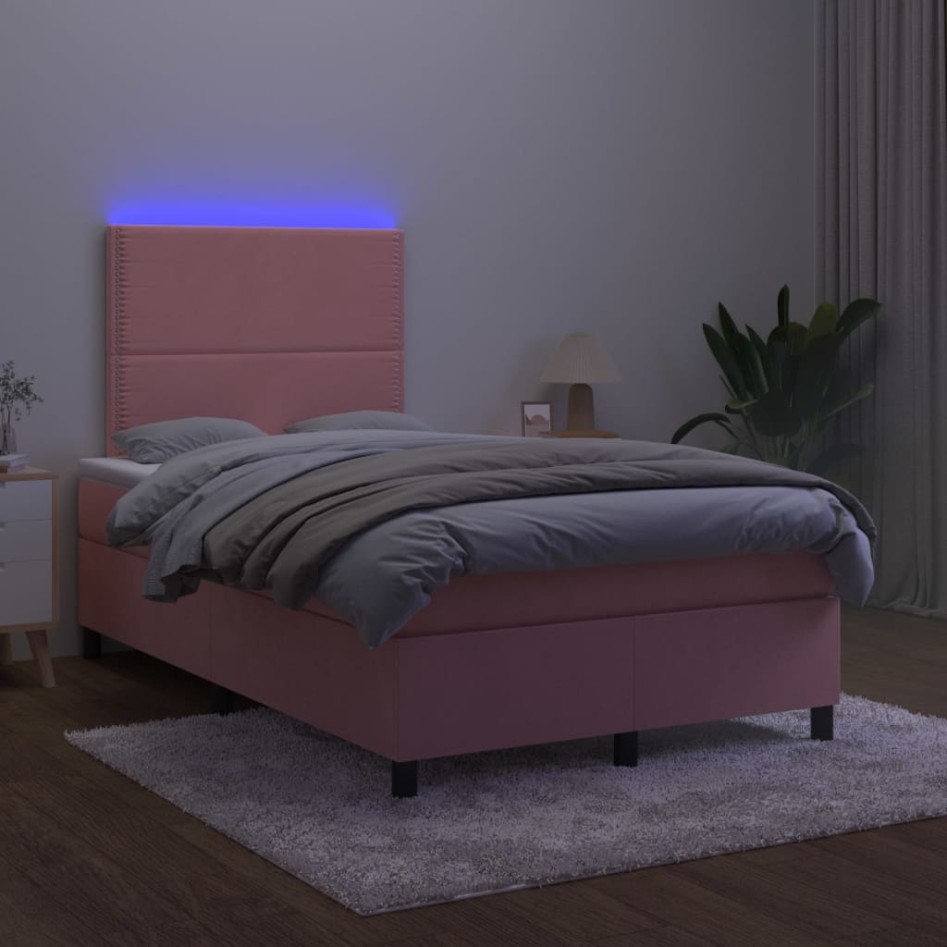 Cama box spring colchón y LED terciopelo rosa 120x200
