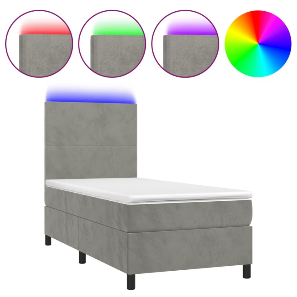 Cama box spring colchón y LED terciopelo gris claro 80x200