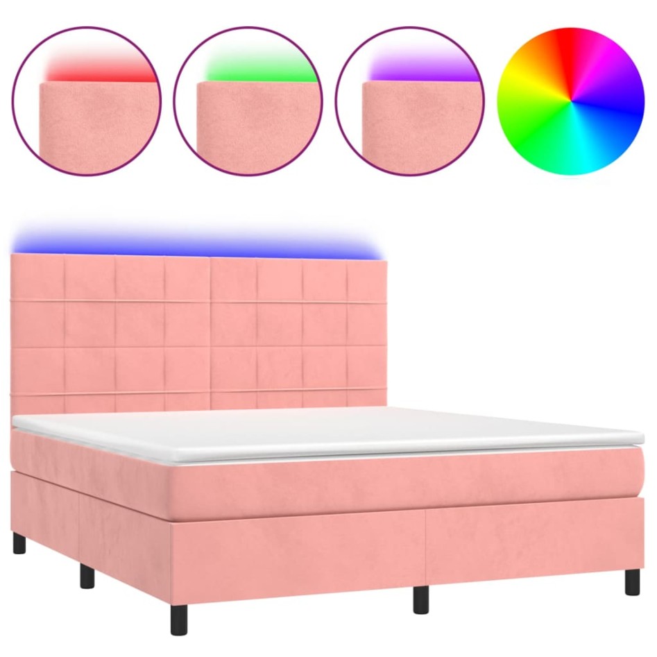 Cama box spring colchón y LED terciopelo rosa 180x200