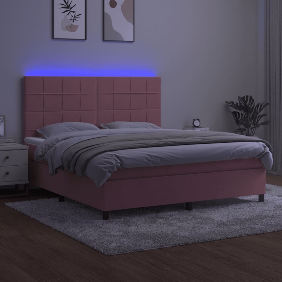 Cama box spring colchón y LED terciopelo rosa 180x200