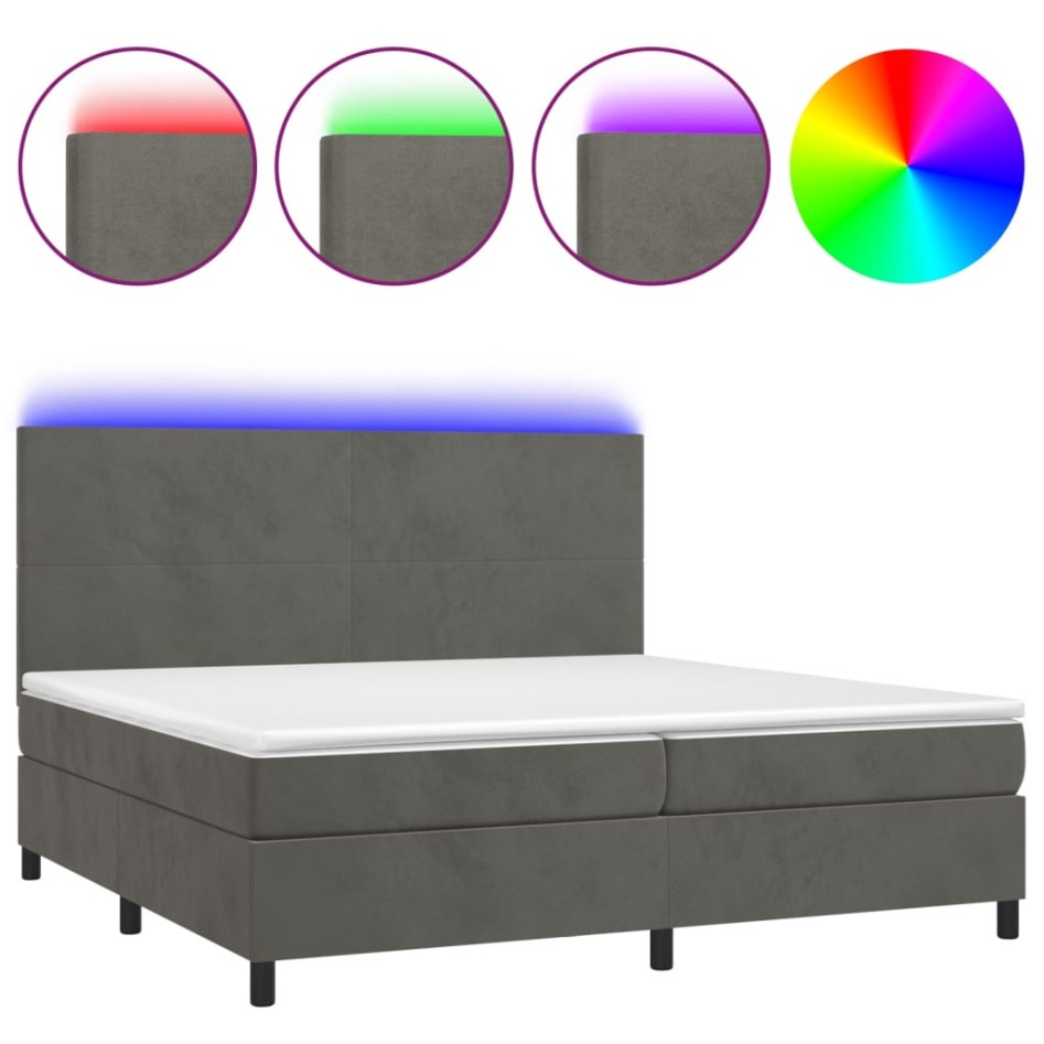 Cama box spring colchón y LED terciopelo gris oscuro 200x200