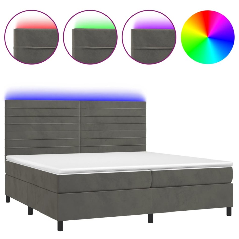 Cama box spring colchón y LED terciopelo gris oscuro 200x200