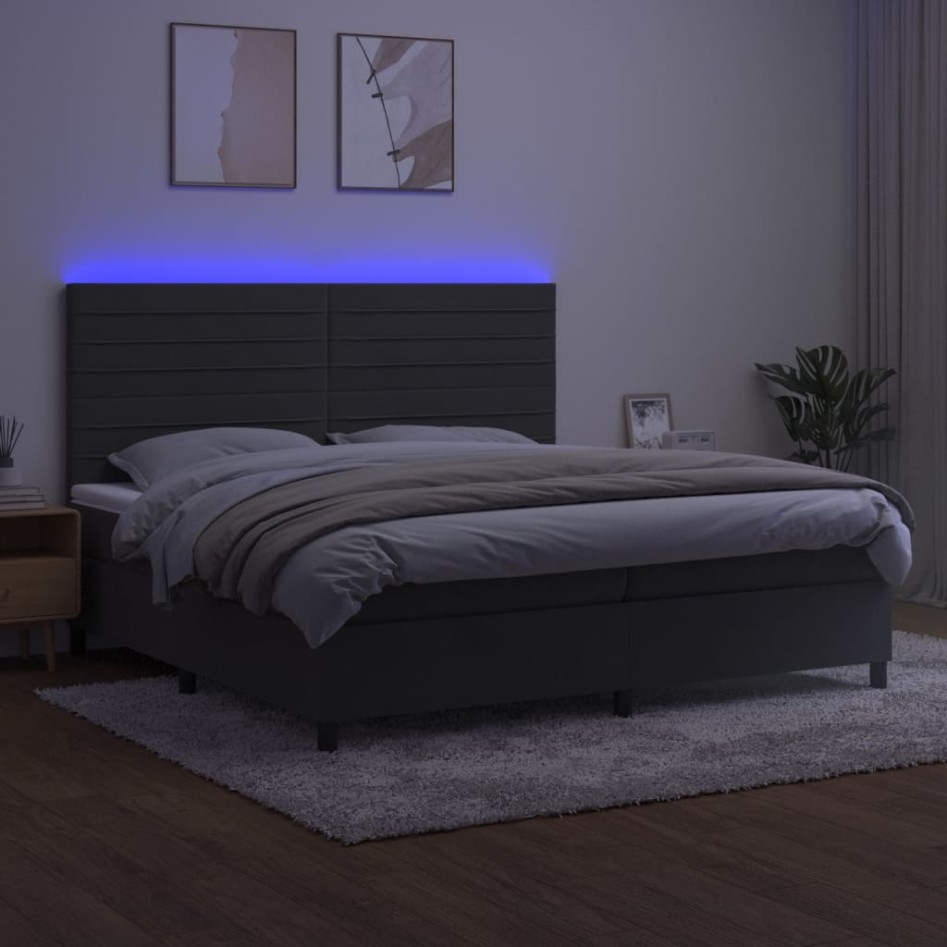 Cama box spring colchón y LED terciopelo gris oscuro 200x200