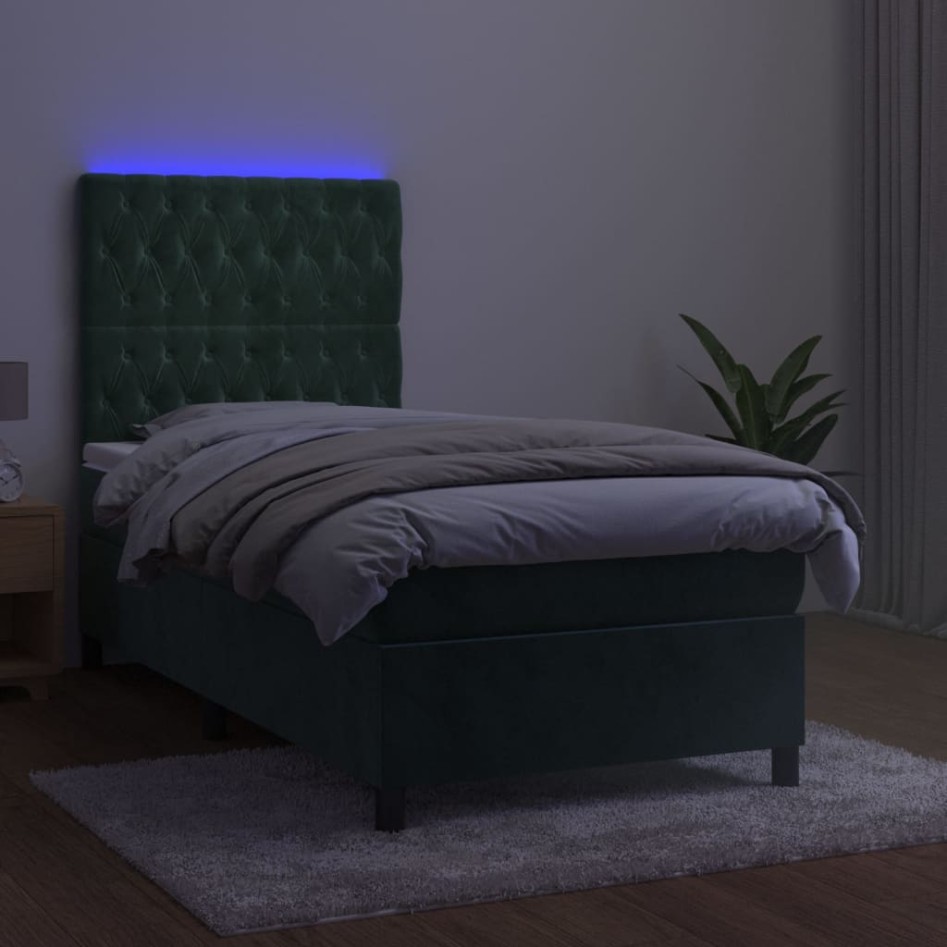 Cama box spring colchón y LED terciopelo verde oscuro