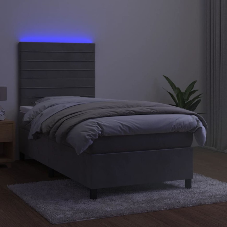 Cama box spring colchón y LED terciopelo gris claro 80x200