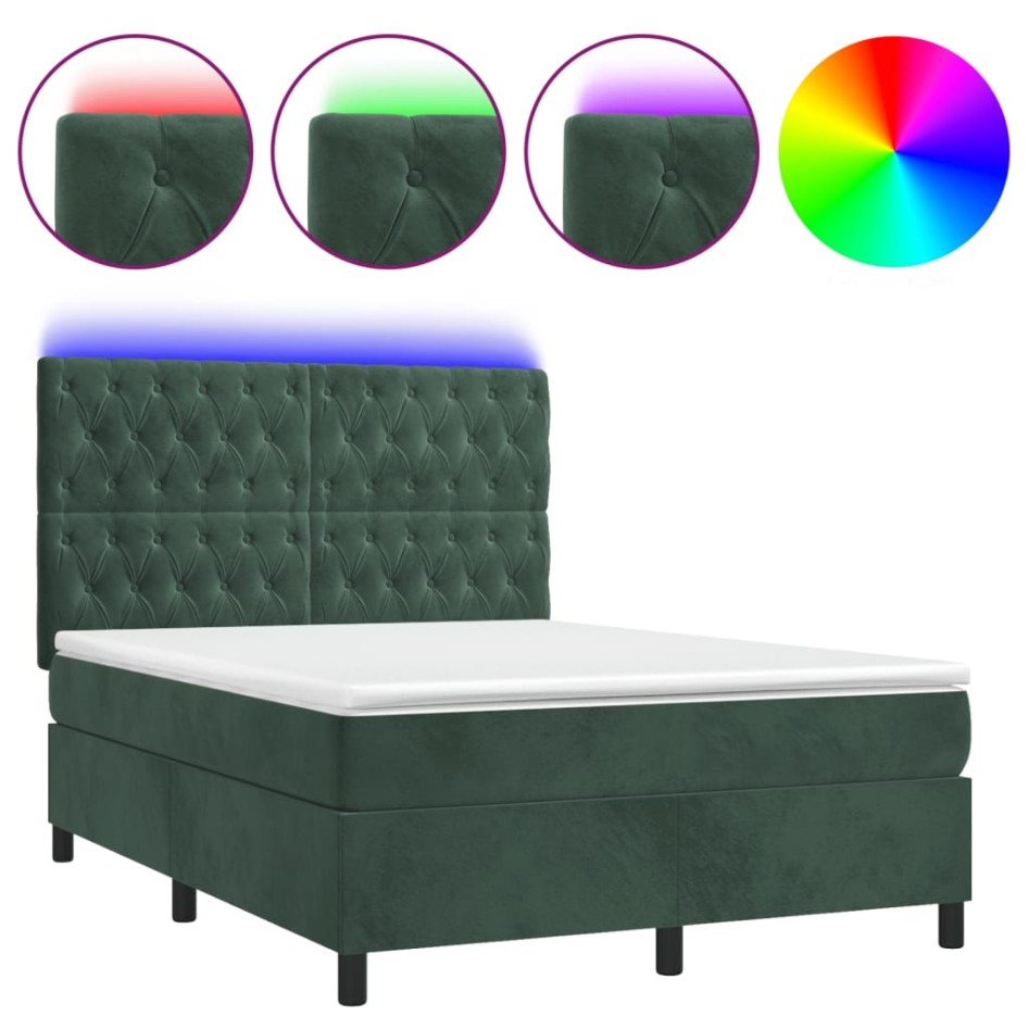 Cama box spring colchón y LED terciopelo verde oscuro