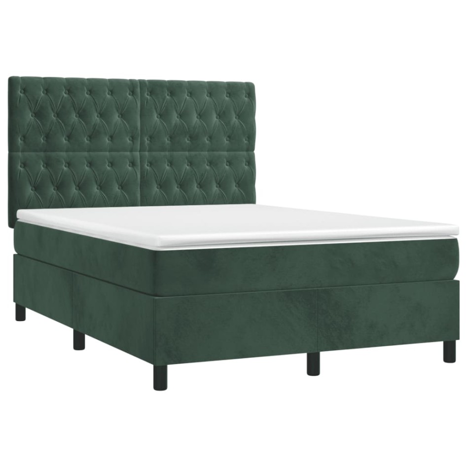 Cama box spring colchón y LED terciopelo verde oscuro