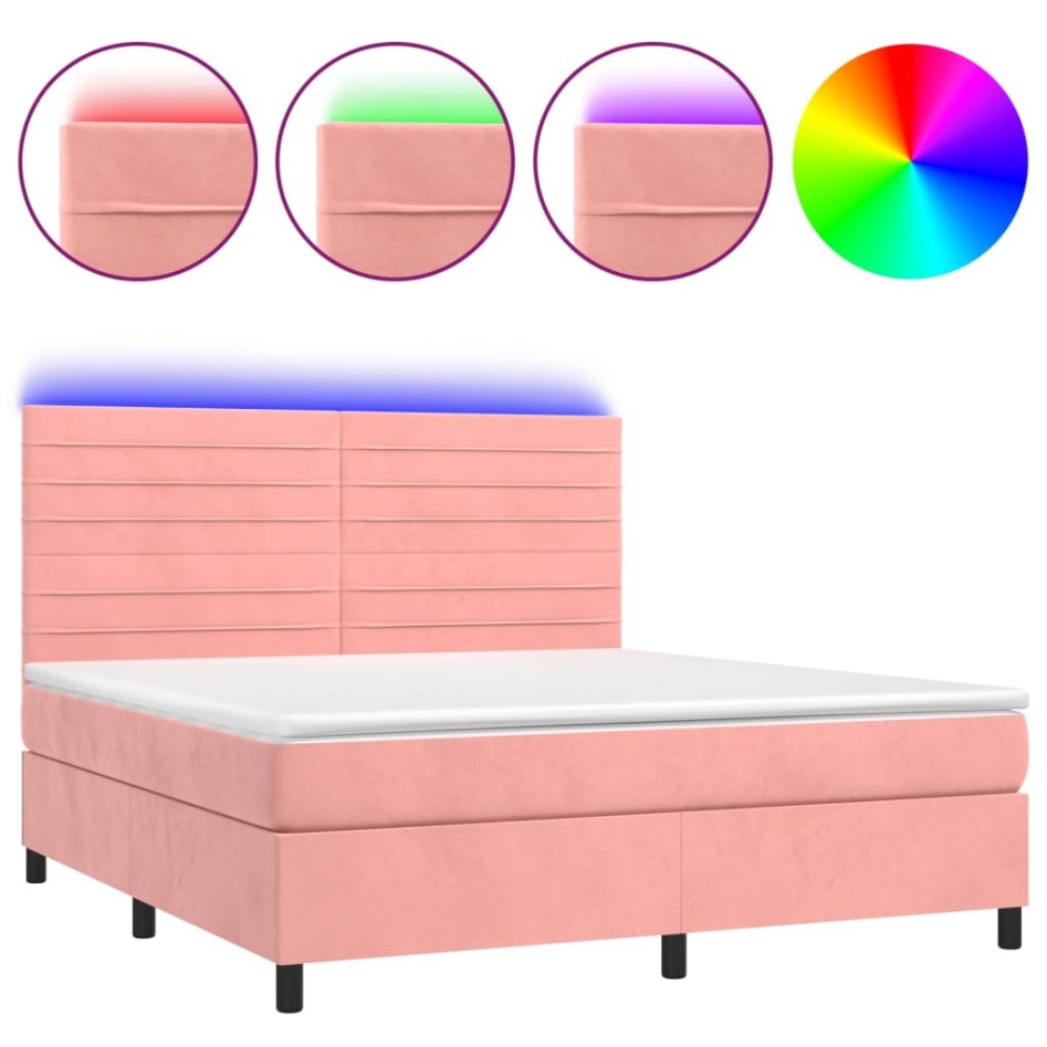 Cama box spring colchón y LED terciopelo rosa 160x200