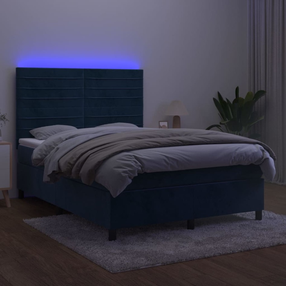 Cama box spring colchón y LED terciopelo azul oscuro 140x200