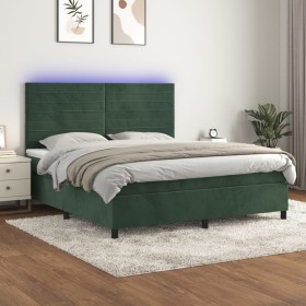 Cama box spring colchón y LED terciopelo verde oscuro
