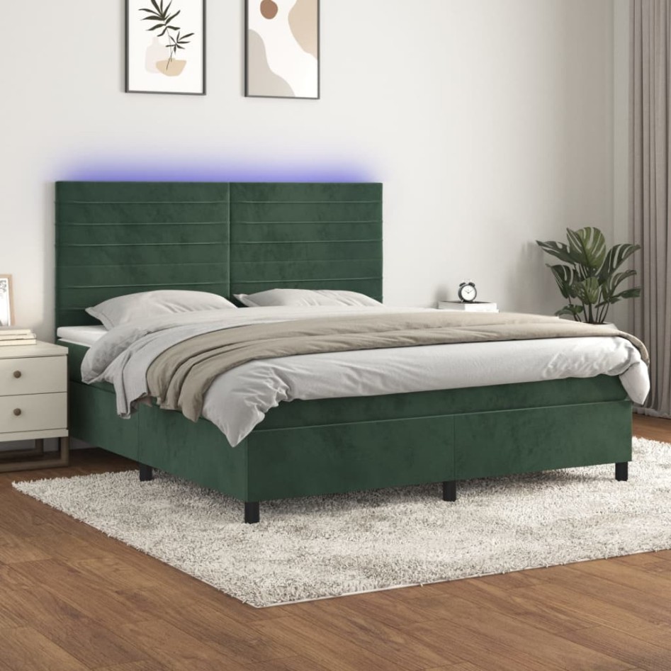 Cama box spring colchón y LED terciopelo verde oscuro