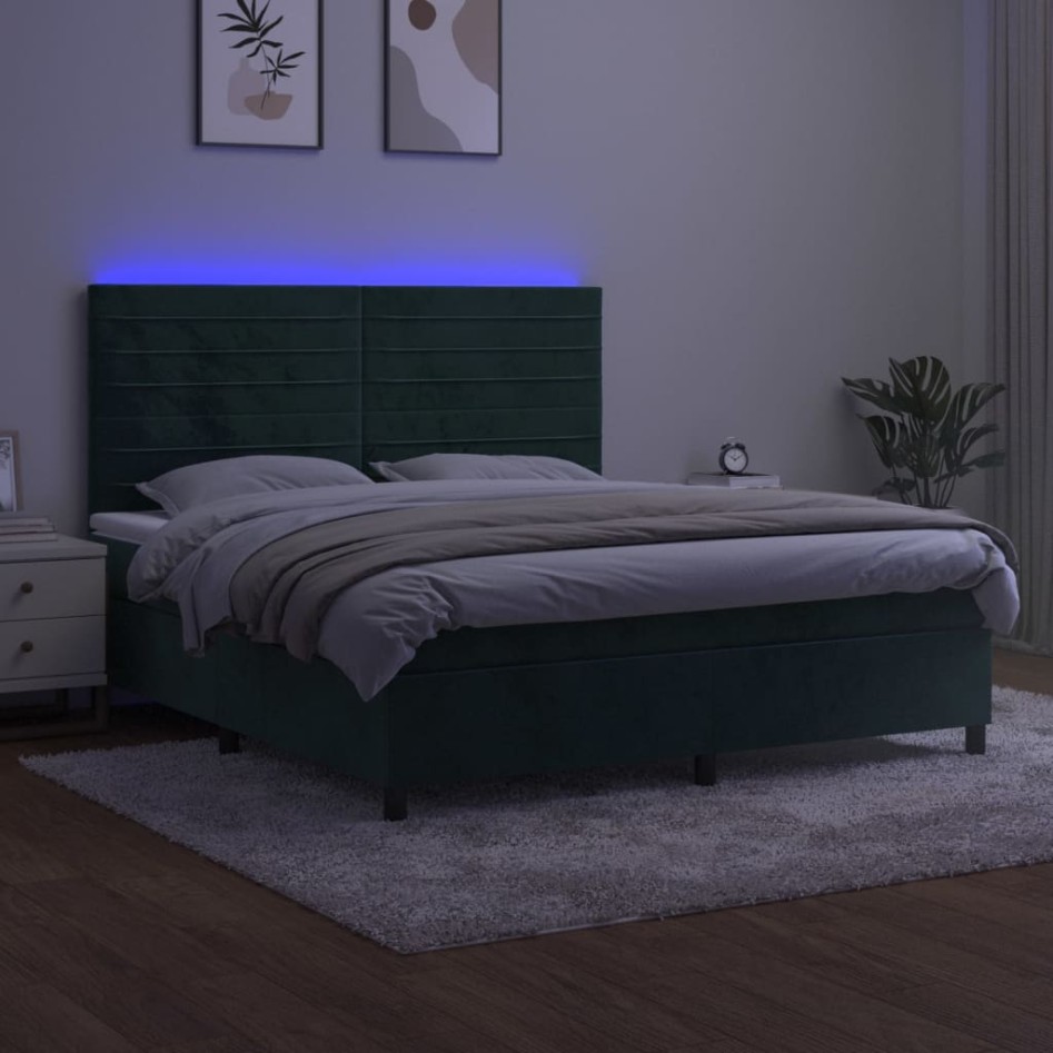 Cama box spring colchón y LED terciopelo verde oscuro