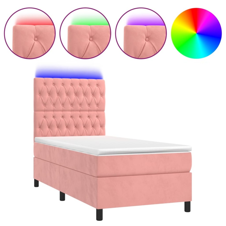 Cama box spring colchón y LED terciopelo rosa 100x200