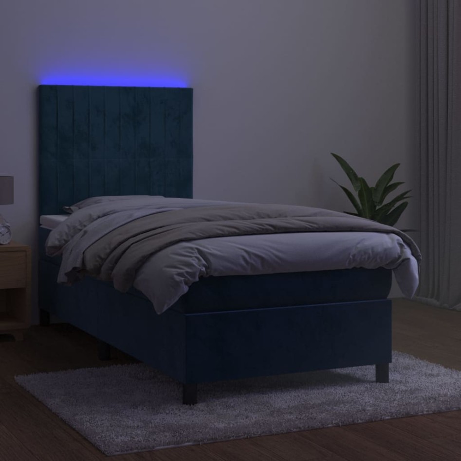 Cama box spring colchón y LED terciopelo azul oscuro 100x200