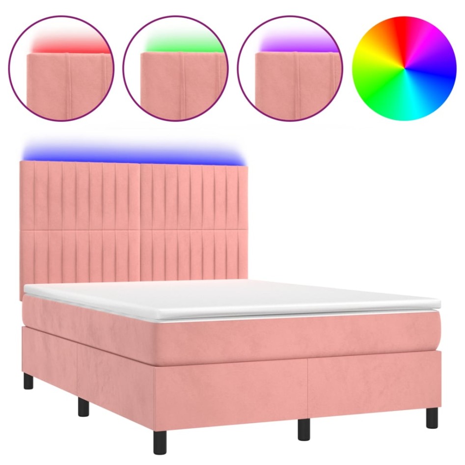 Cama box spring colchón y LED terciopelo rosa 140x200
