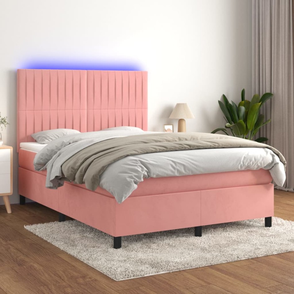 Cama box spring colchón y LED terciopelo rosa 140x190