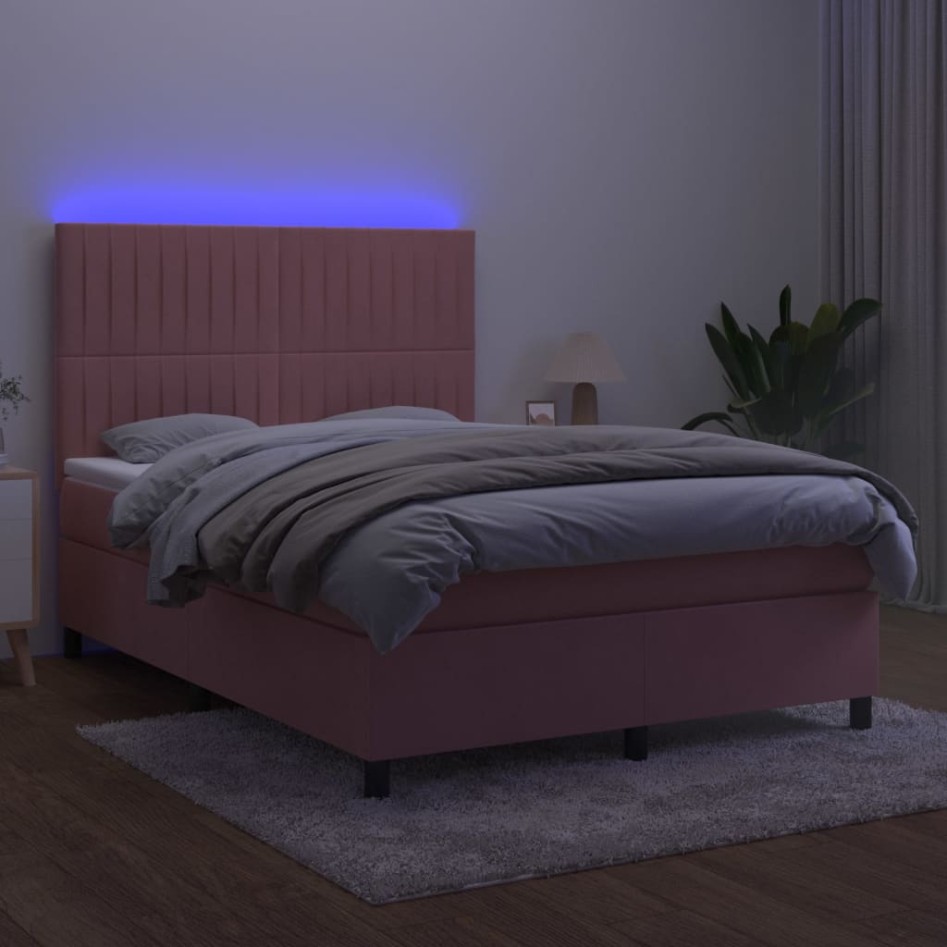 Cama box spring colchón y LED terciopelo rosa 140x190