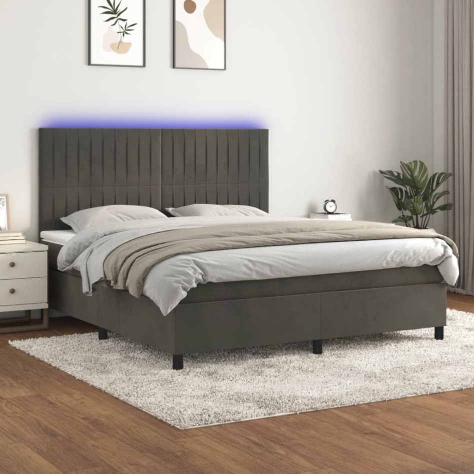 Cama box spring colchón y LED terciopelo gris oscuro 160x200