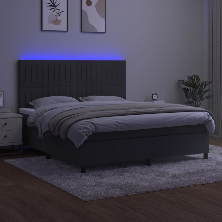 Cama box spring colchón y LED terciopelo gris oscuro 160x200