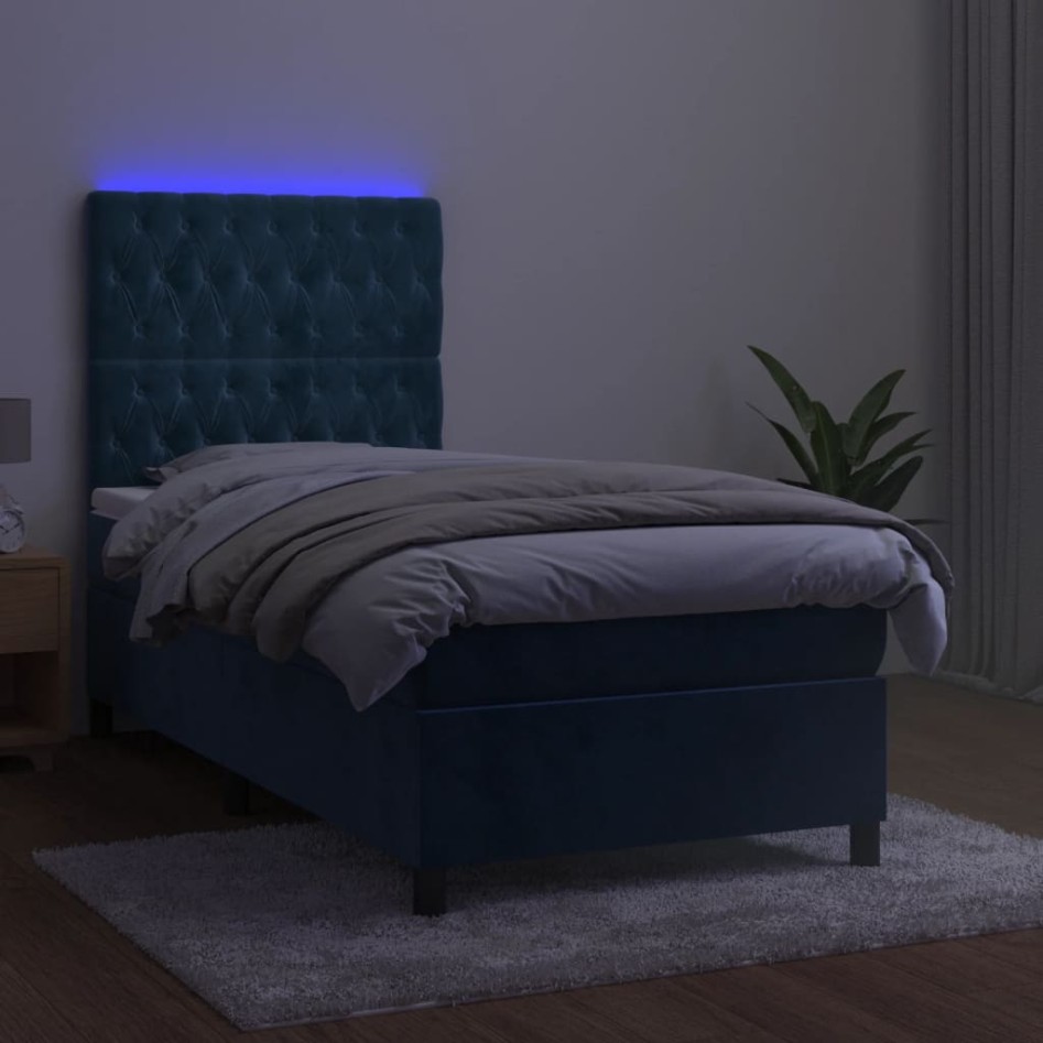 Cama box spring colchón y LED terciopelo azul oscuro 80x200