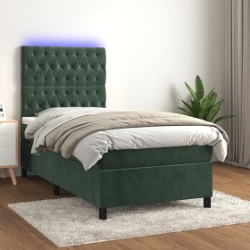 Cama box spring colchón y LED terciopelo verde oscuro 90x200