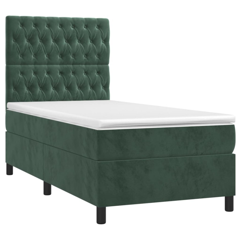 Cama box spring colchón y LED terciopelo verde oscuro 90x200