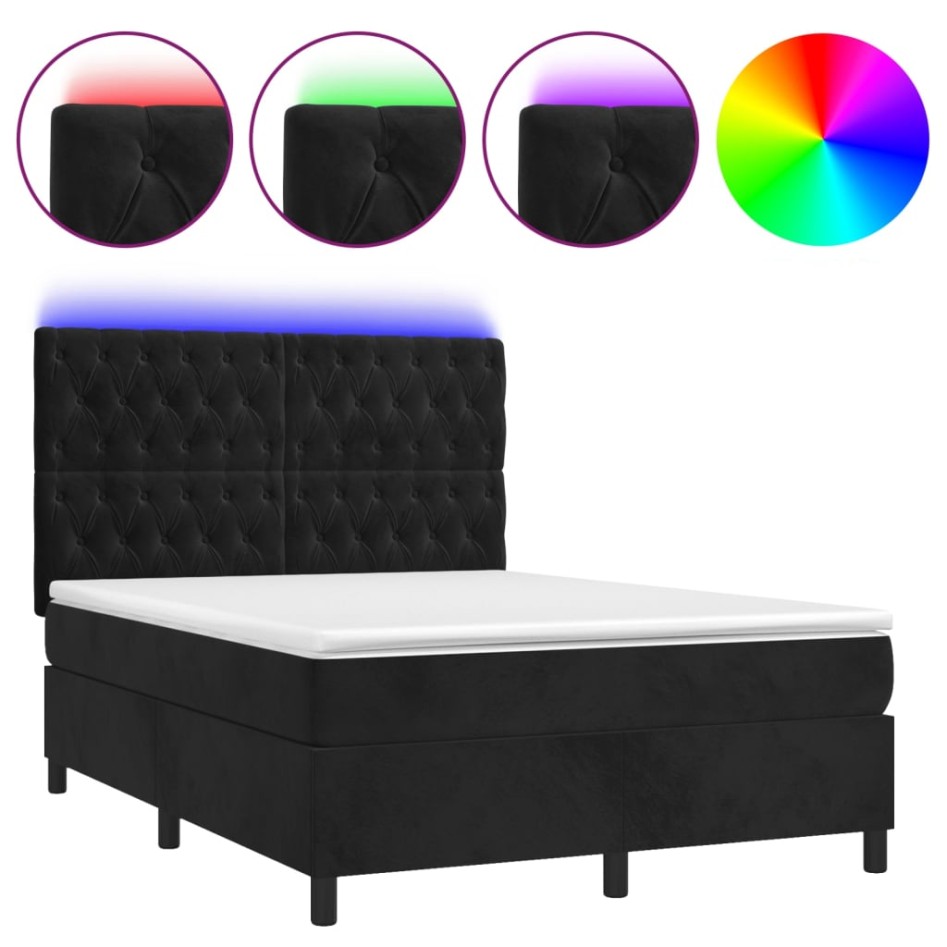 Cama box spring colchón y LED terciopelo negro 140x190