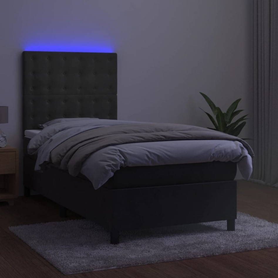 Cama box spring colchón y LED terciopelo gris oscuro 90x190