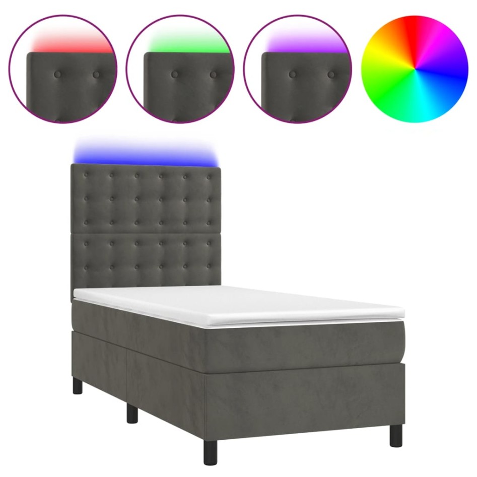 Cama box spring colchón y LED terciopelo gris oscuro 100x200