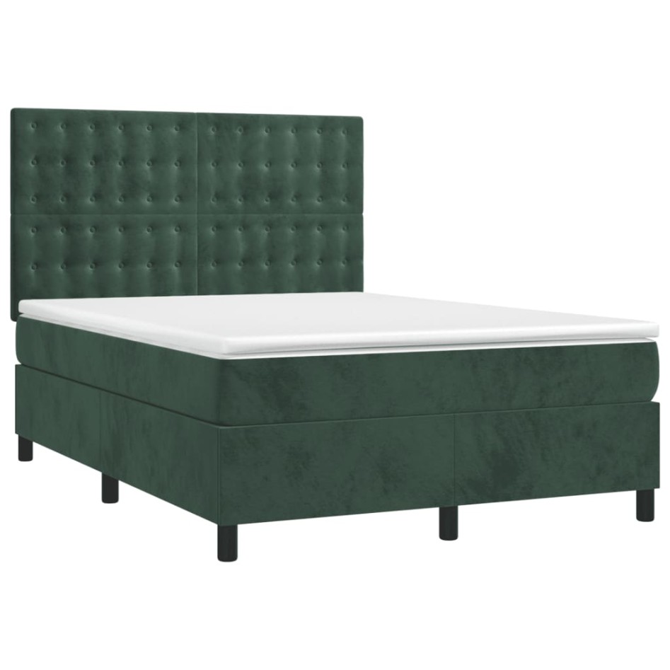 Cama box spring colchón y LED terciopelo verde oscuro
