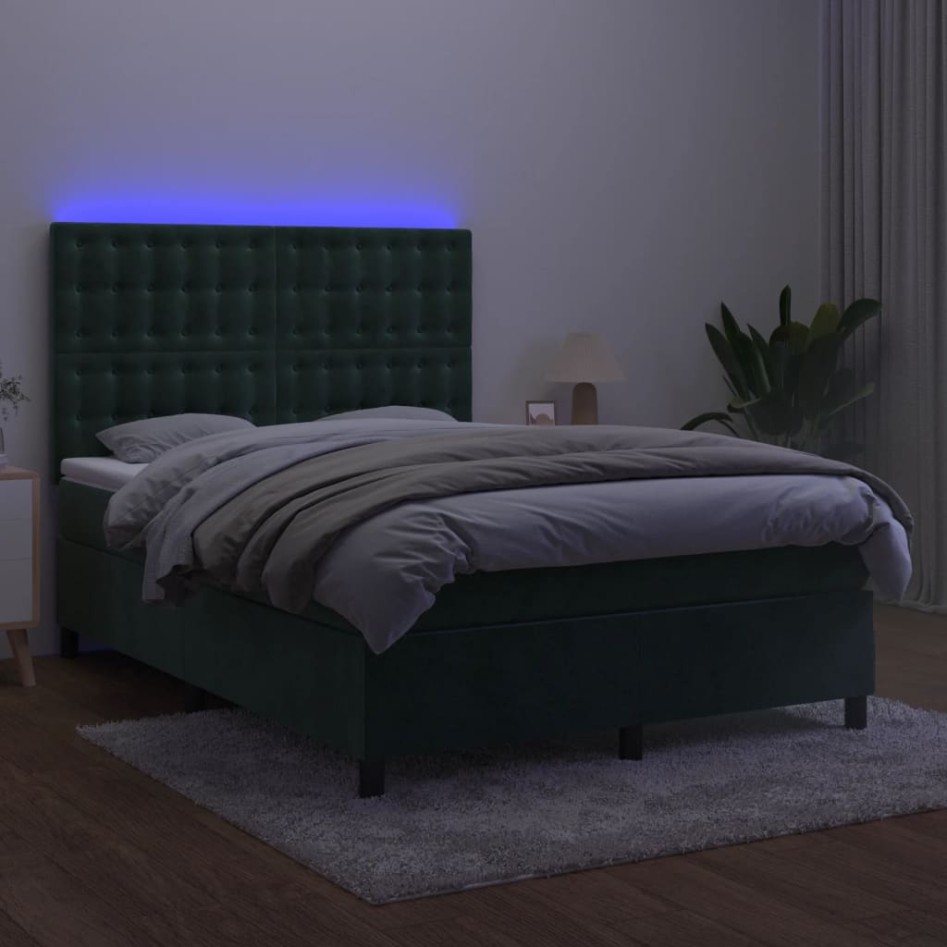 Cama box spring colchón y LED terciopelo verde oscuro