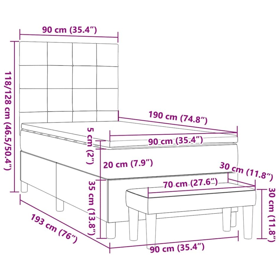 Cama box spring con colchón tela gris taupe 90x190
