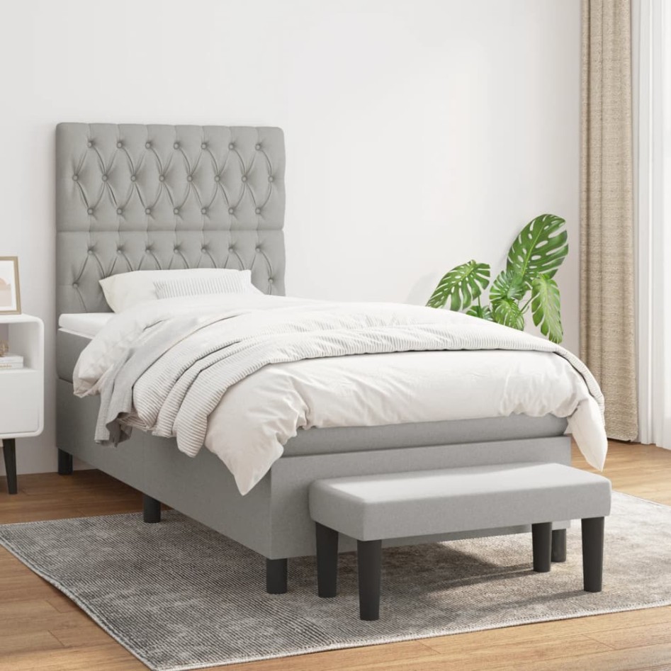 Cama box spring con colchón tela gris claro 90x190