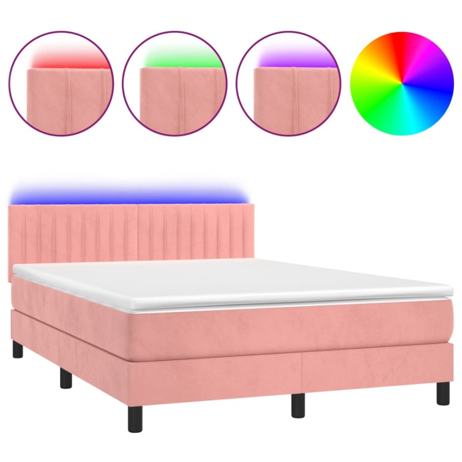Cama box spring colchón y LED terciopelo rosa 140x190