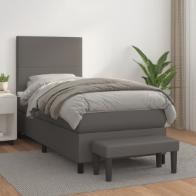 Cama box spring con colchón cuero sintético gris 100x200