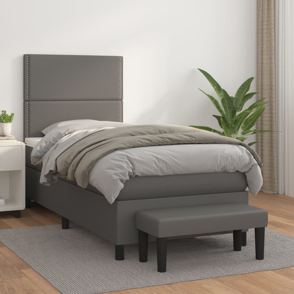 Cama box spring con colchón cuero sintético gris 80x200
