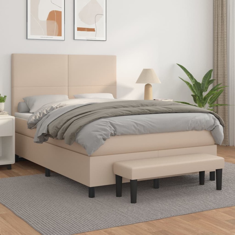 Cama box spring con colchón cuero sintético capuchino