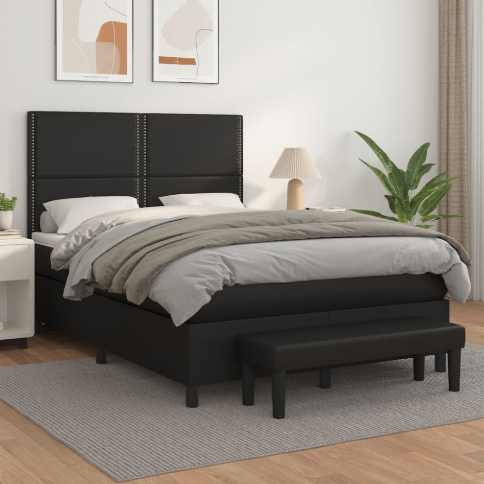 Cama box spring con colchón cuero sintético negro 140x190